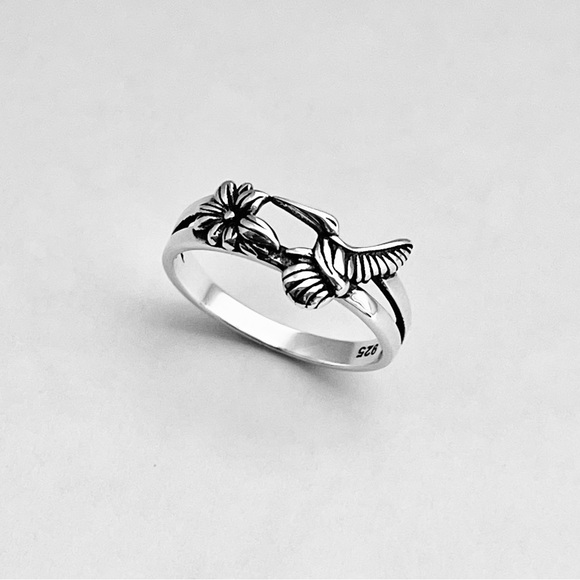 Sterling Silver Flower and Hummingbird Ring, Bird Ring, Silver Rings, Animals - Picture 5 of 14